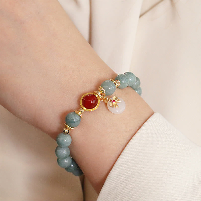 Buddha Stones Natural Jade Red Agate Pearl Bow Tie Luck Bracelet