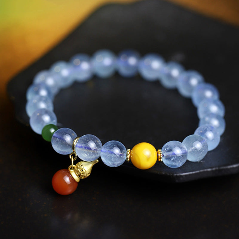 Buddha Stones Aquamarine Red Agate Peace Gourd Charm Bracelet
