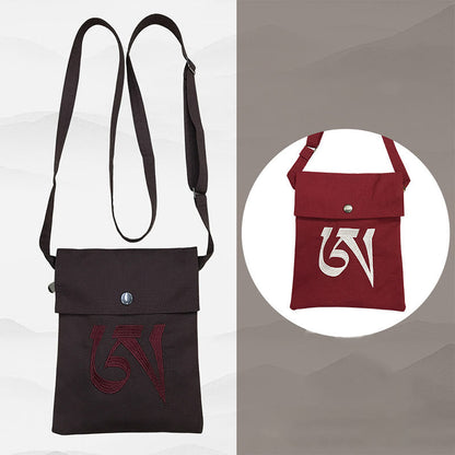Buddha Stones Handmade OM Mantra Embroidered Spiritual Mind Practice Cotton Crossbody Bag Shoulder Bag Cellphone Bag