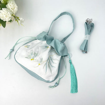 Buddha Stones Suzhou Embroidery Camellia Magnolia Peony Lotus Silk Tote Crossbody Bag Shoulder Bag Handbag