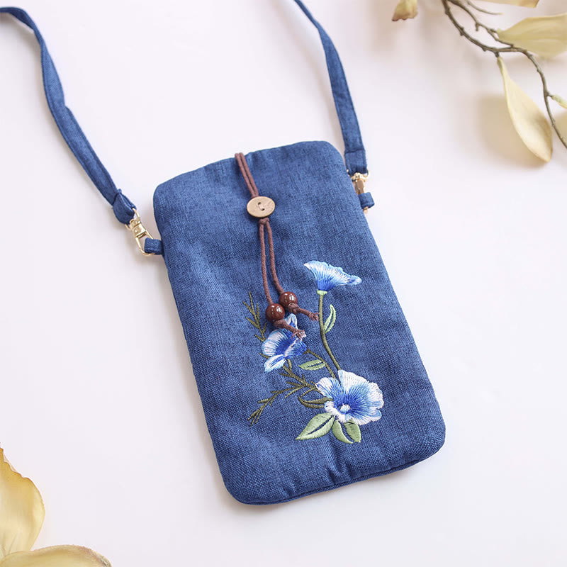 Buddha Stones Small Embroidered Flowers Crossbody Bag Shoulder Bag Cellphone Bag 11*20cm