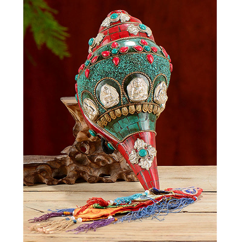 Buddha Stones Tibetan Handmade Shankha Om Mani Padme Hum Buddha Avalokitesvara Turquoise Conch Shell Positive Decoration