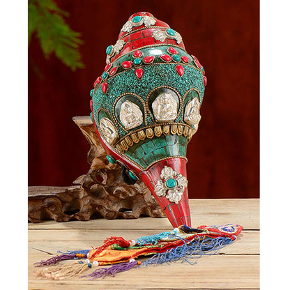 Buddha Stones Tibetan Handmade Shankha Om Mani Padme Hum Buddha Avalokitesvara Turquoise Conch Shell Positive Decoration