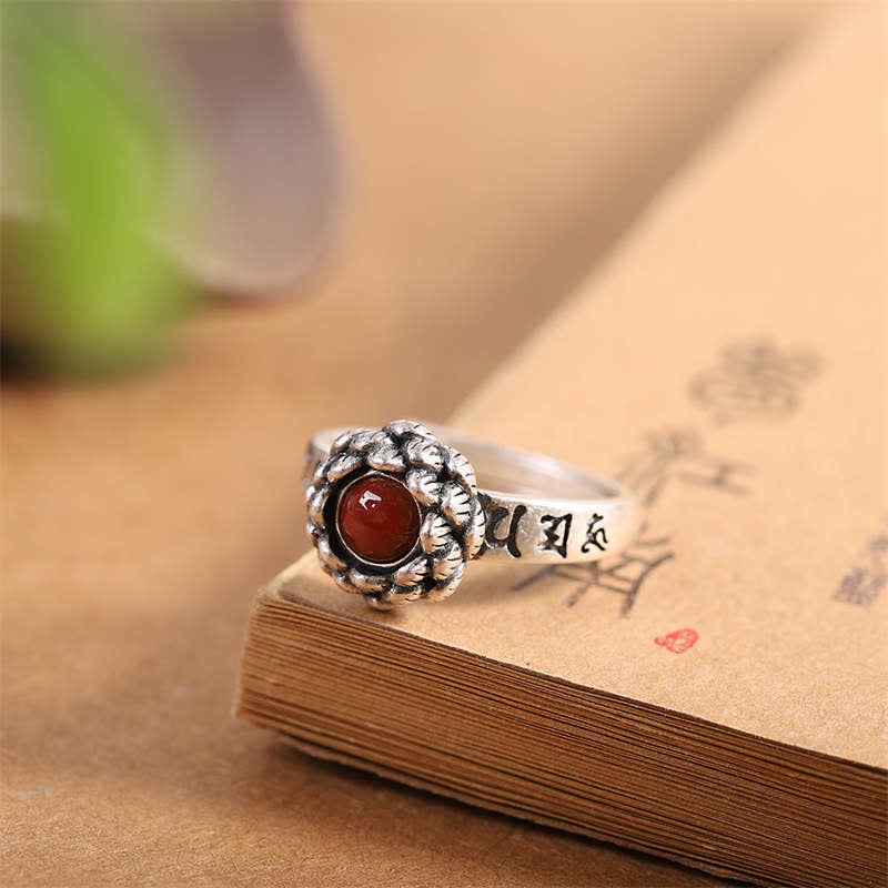 Buddha Stones925 Sterling Silver Lotus Red Agate Confidence Blessing Ring