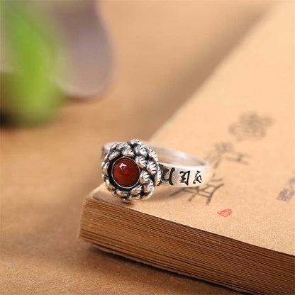 Buddha Stones925 Sterling Silver Lotus Red Agate Confidence Blessing Ring
