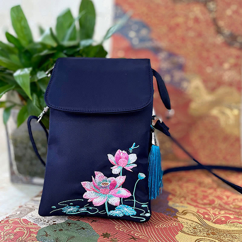 Buddha Stones Waterproof Handmade Embroidered Lotus Flowers Crossbody Bag Shoulder Bag Cellphone Bag