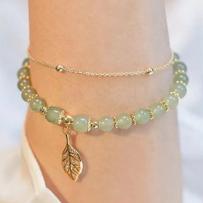 Buddha Stones Jade Leaf Ginkgo Tulip Peanut Fu Character Luck Beaded Bracelet
