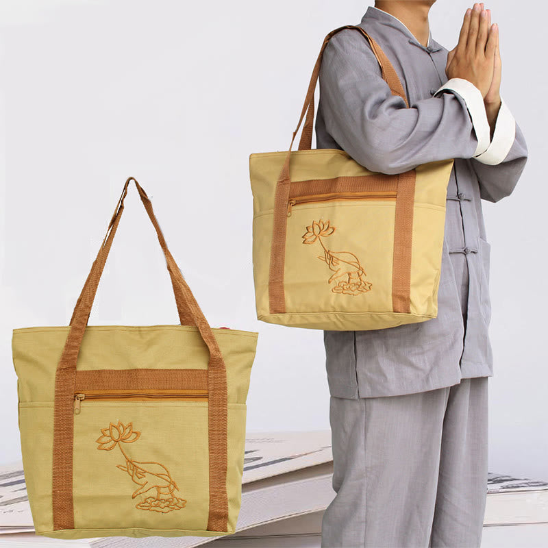 Buddha Stones Spiritual Mind Practice Lotus Embroidery Pattern Canvas Shoulder Bag Tote Bag