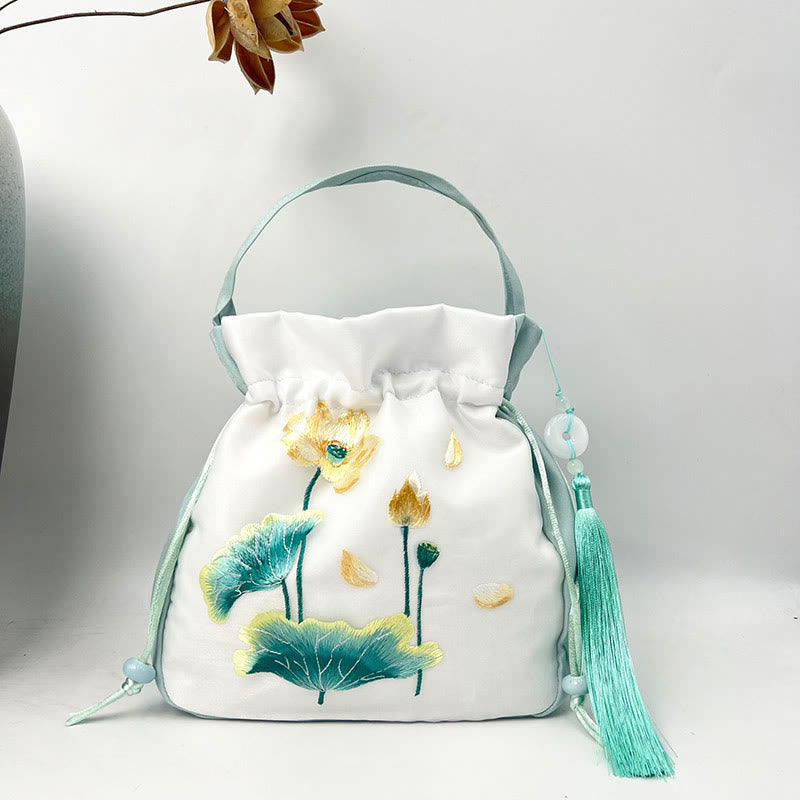Buddha Stones Suzhou Embroidery Rabbit Lotus Epiphyllum Peony Magnolia Silk Tote Crossbody Bag Shoulder Bag Handbag