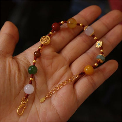 Buddha Stones 925 Sterling Silver Natural Hetian Jade Amber Red Agate Crystals Luck Bracelet
