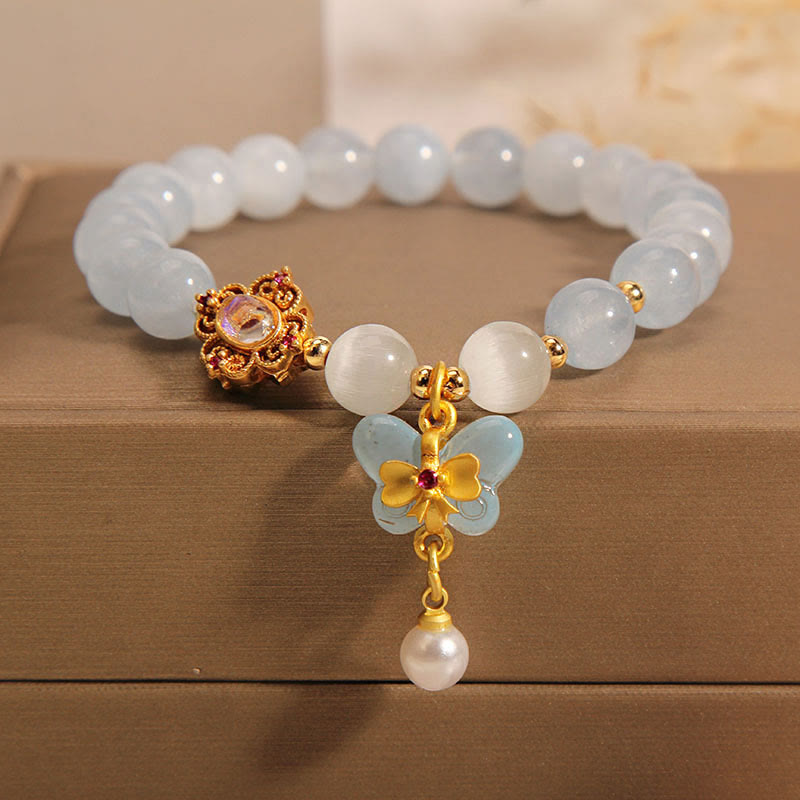 Buddha Stones Aquamarine Cat's Eye Healing Butterfly Pearl Charm Bracelet