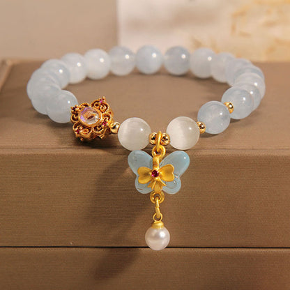 Buddha Stones Aquamarine Cat's Eye Healing Butterfly Pearl Charm Bracelet