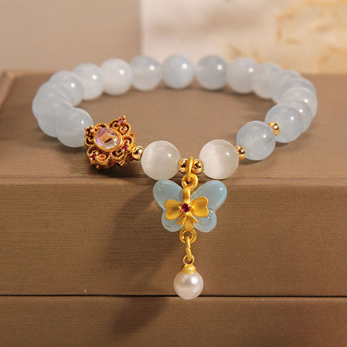 Buddha Stones Aquamarine Cat's Eye Healing Butterfly Pearl Charm Bracelet