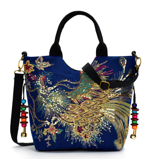Buddha Stones Peacock Double-sided Embroidery Tote Bag Shoulder Bag Crossbody Bag