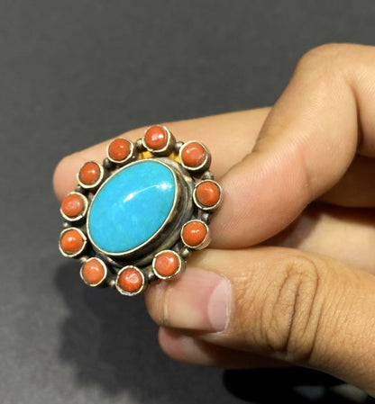 Circle of Harmony Ring | Pure Silver Ring with Turquoise and Red Coral for Balance and Protection