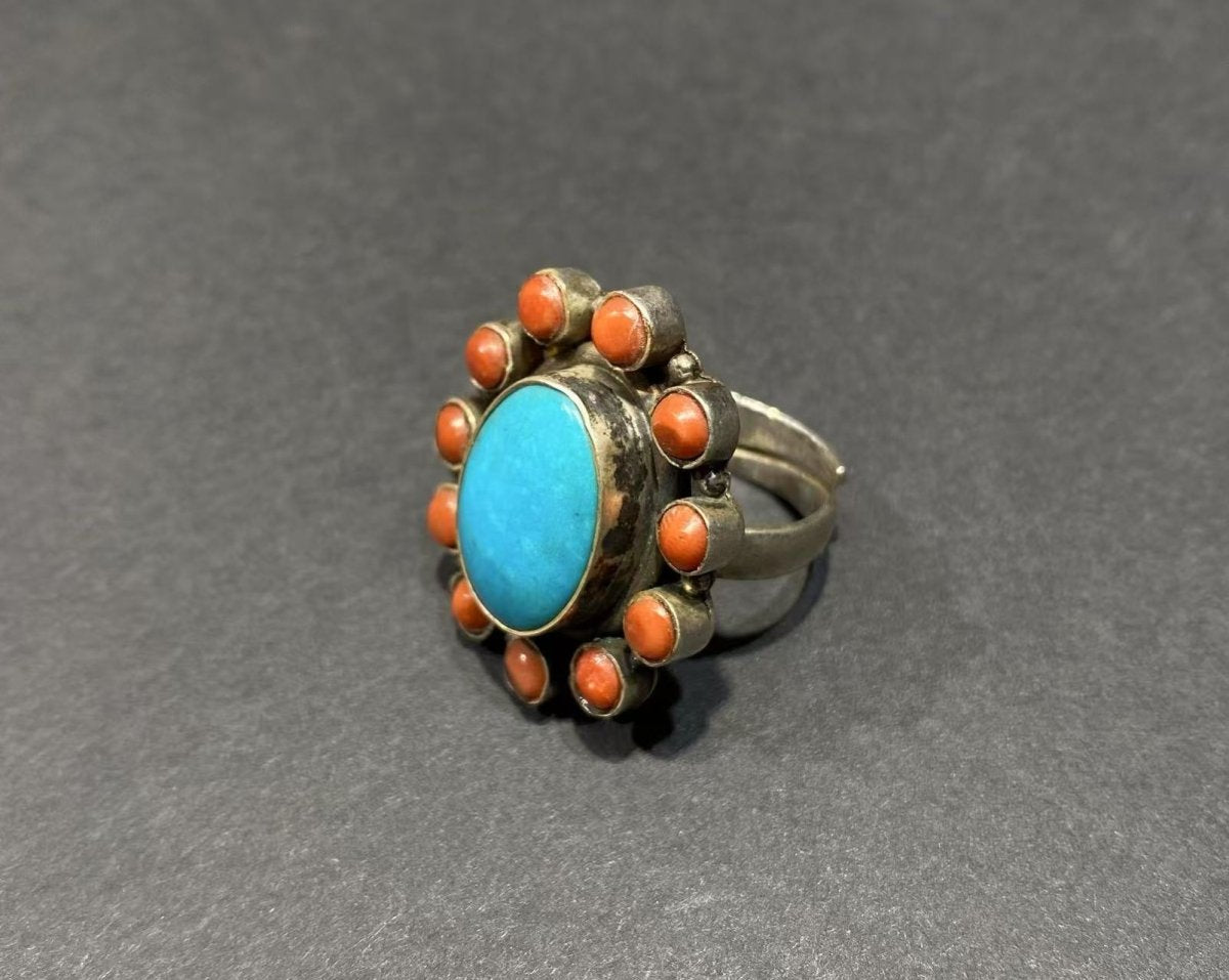 Circle of Harmony Ring | Pure Silver Ring with Turquoise and Red Coral for Balance and Protection