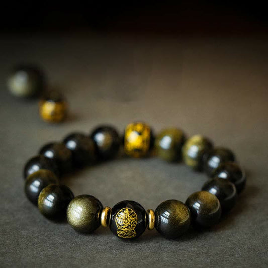Buddha Stones Chinese Zodiac Natal Buddha Gold Sheen Obsidian Wealth Protection Bracelet