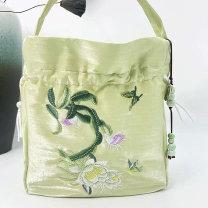 Buddha Stones Embroidered Flowers Wisteria Lily Cotton Linen Tote Crossbody Bag Shoulder Bag Handbag