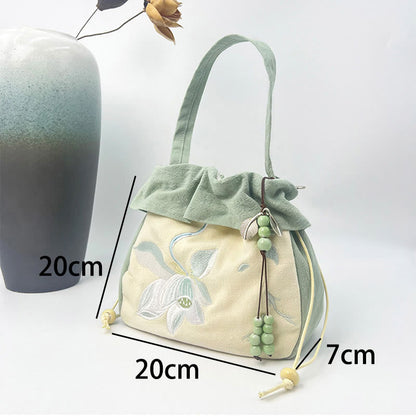 Buddha Stones Suzhou Embroidery Lotus Epiphyllum Magnolia Cotton Linen Tote Crossbody Bag Shoulder Bag Handbag