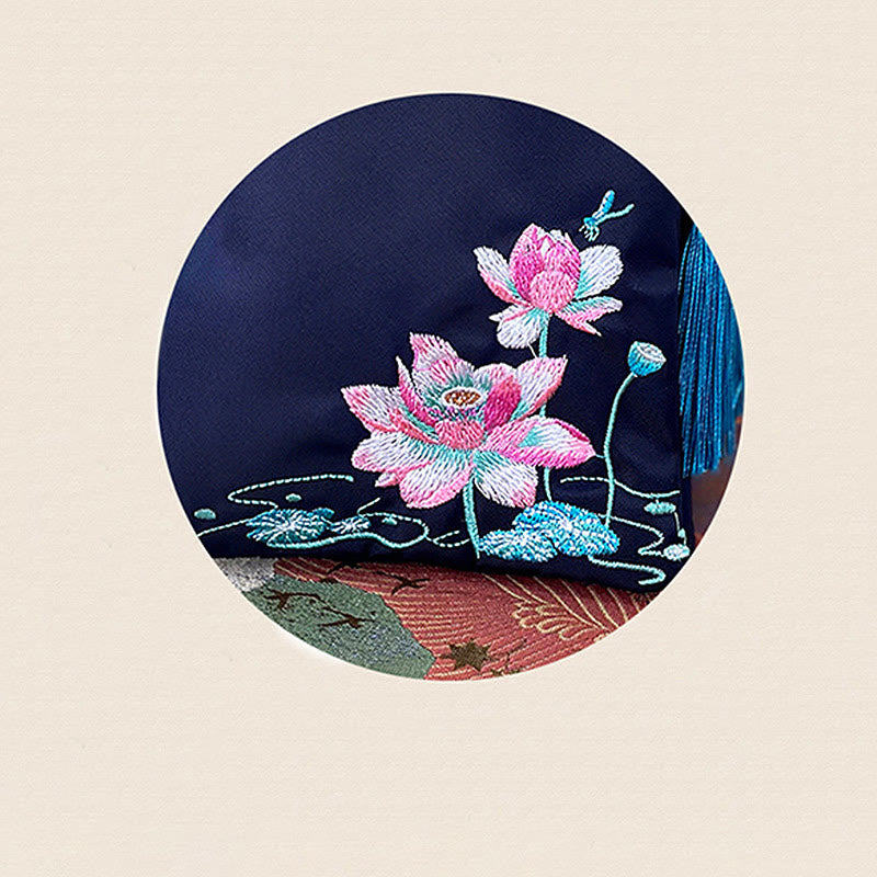 Buddha Stones Waterproof Handmade Embroidered Lotus Flowers Crossbody Bag Shoulder Bag Cellphone Bag