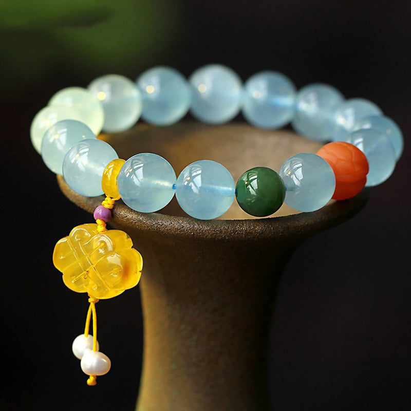 Buddha Stones Natural Aquamarine Amber Chinese Knotting Charm Peace Bracelet