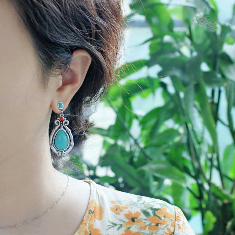 Buddha Stones Tibet Vintage Turquoise Waterdrop Strength Drop Dangle Earrings Clips