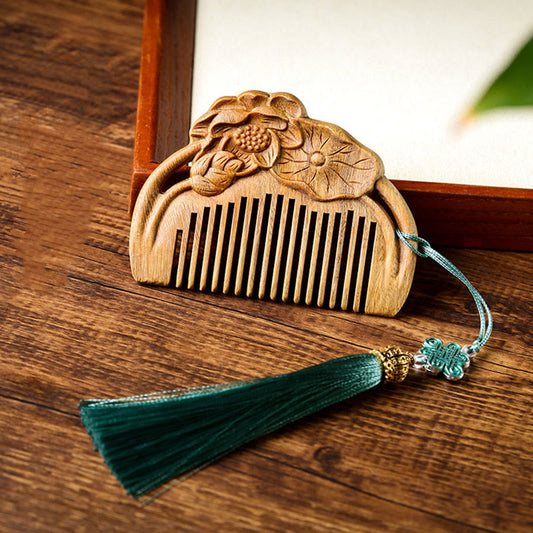 Buddha Stones Natural Green Sandalwood Lotus Flower Leaf Engraved Soothing Comb