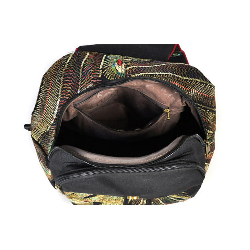 Buddha Stones Peacock Embroidery Canvas Tassel Backpack