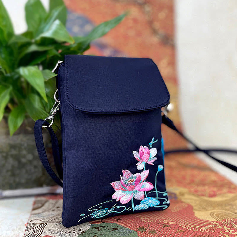 Buddha Stones Waterproof Handmade Embroidered Lotus Flowers Crossbody Bag Shoulder Bag Cellphone Bag