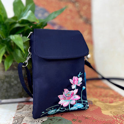 Buddha Stones Waterproof Handmade Embroidered Lotus Flowers Crossbody Bag Shoulder Bag Cellphone Bag