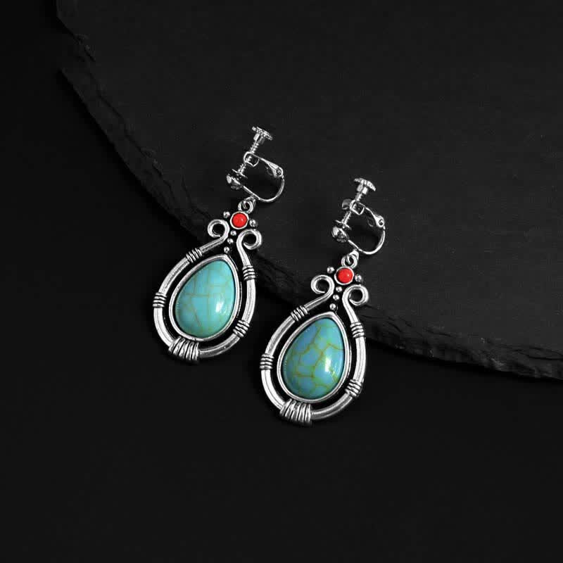 Buddha Stones Tibet Vintage Turquoise Waterdrop Strength Drop Dangle Earrings Clips