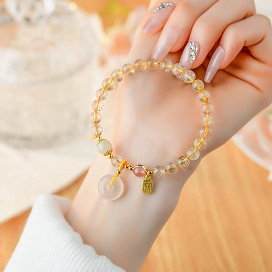 Buddha Stones Natural Golden Rutilated Quartz Fu Character Peace Buckle Charm Wealth Bracelet