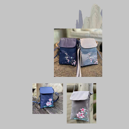 Buddha Stones Waterproof Handmade Embroidered Lotus Flowers Crossbody Bag Shoulder Bag Cellphone Bag