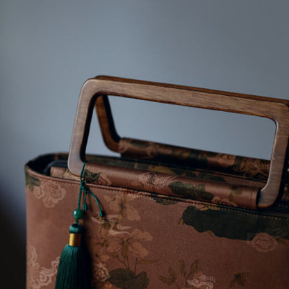 Buddha Stones Vintage Brown Flowers Green Bamboo Leaves Wood Handles Zipper Handbag