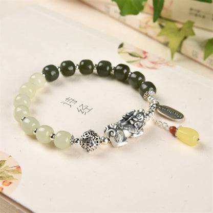 Buddha Stones 925 Sterling Silver Natural Hetian Jade Amber PiXiu Luck Bracelet