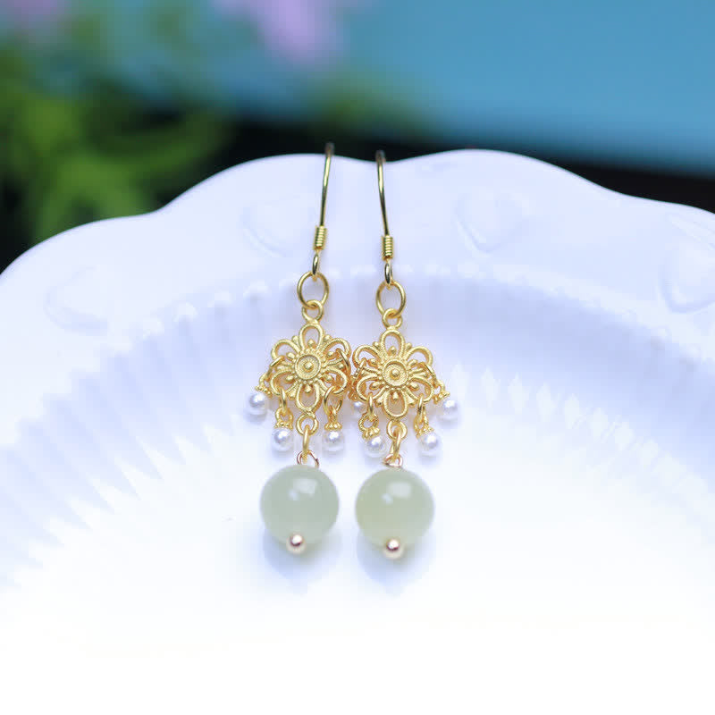 Buddha Stones Hetian Jade Flower Pattern 14K Gold Plated Luck Drop Dangle Earrings