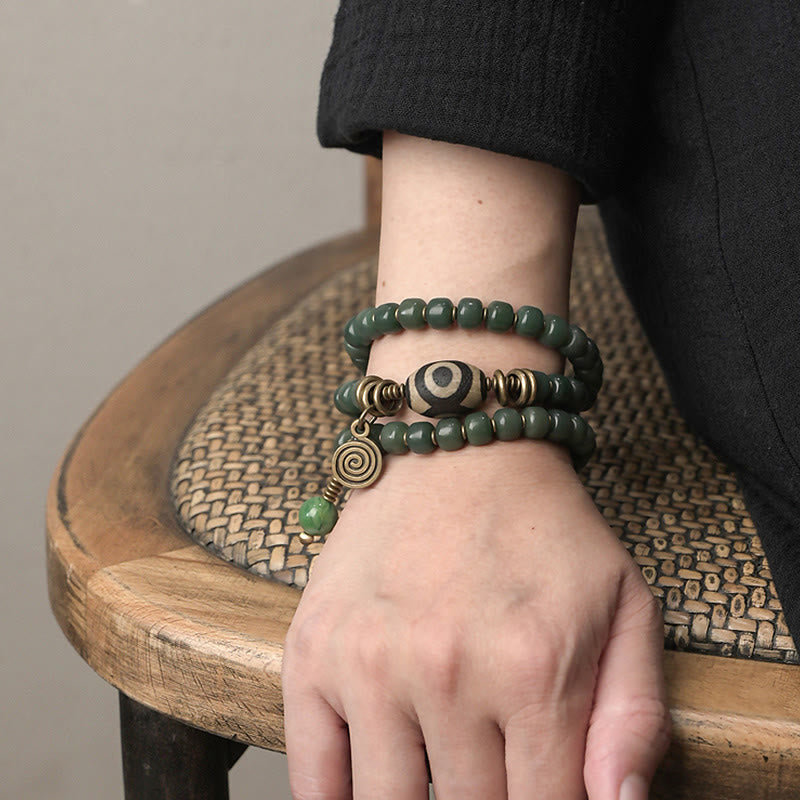Buddha Stones Cyan Bodhi Seed Dzi Bead Wisdom Peace Triple Wrap Bracelet