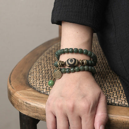 Buddha Stones Cyan Bodhi Seed Dzi Bead Wisdom Peace Triple Wrap Bracelet