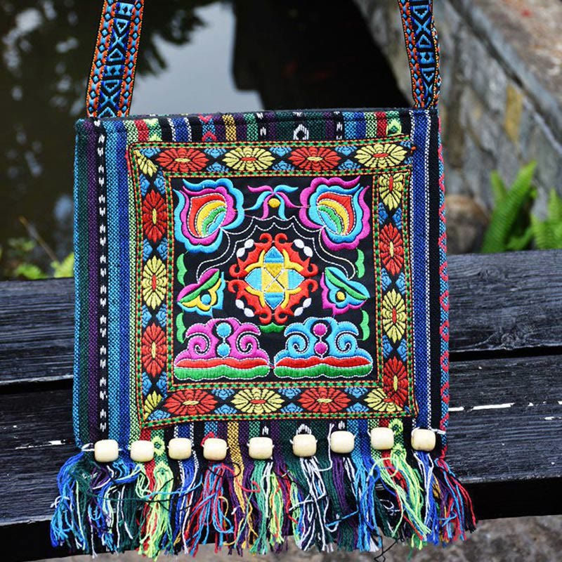 Buddha Stones Tibetan Handmade Embroidered Camellia Canvas Shoulder Bag Crossbody Bag