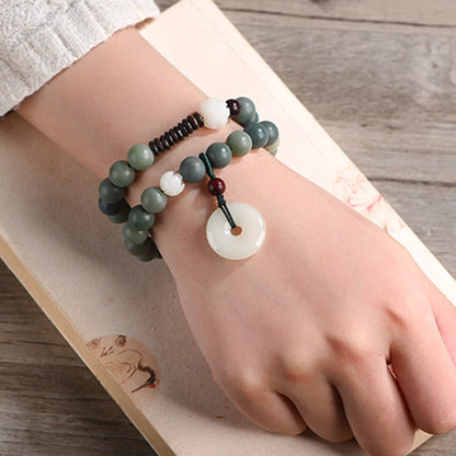 Buddha Stones Cyan Bodhi Seed Lotus Jade Peace Buckle Wisdom Double Wrap Bracelet