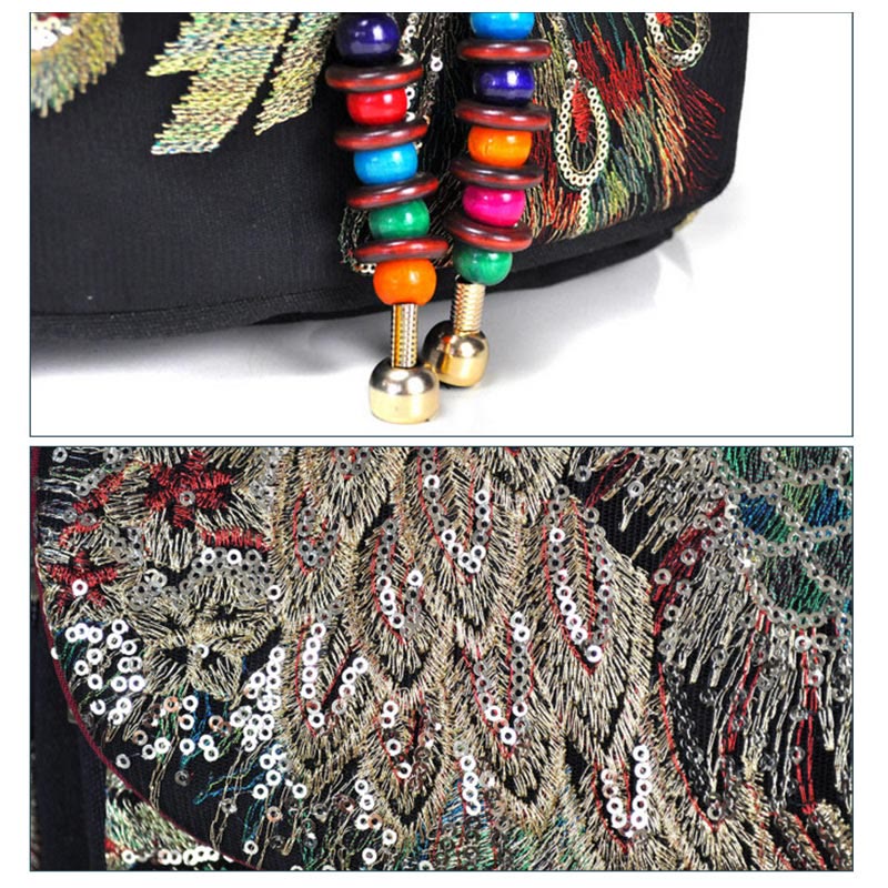 Buddha Stones Peacock Embroidery Canvas Tassel Backpack