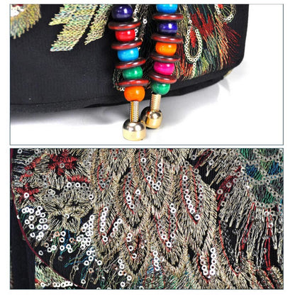 Buddha Stones Peacock Embroidery Canvas Tassel Backpack