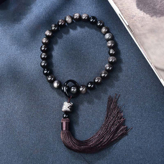 Buddha Stones Natural Silver Sheen Obsidian Lion Wrist Mala Protection Tassels Pocket Mala Car Decoration