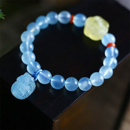 Buddha Stones Natural Aquamarine Amber Pixiu Peace Healing Charm Bracelet