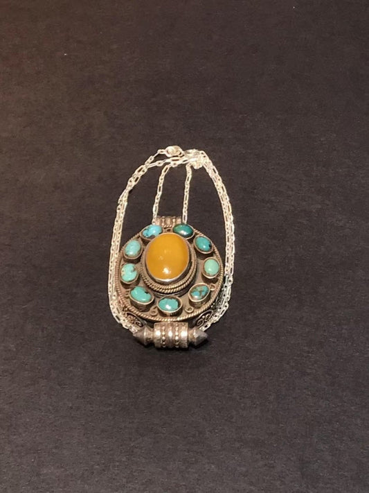 Golden Aura Pendant | Pure Silver Necklace with Turquoise and Amber for Spiritual Clarity and Protection