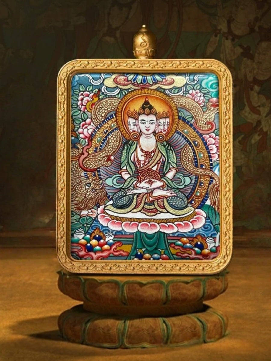 Vairocana Buddha Tibetan Hand-Painted Thangka Pendant - Zodiac Goat & Monkey Guardian Amulet