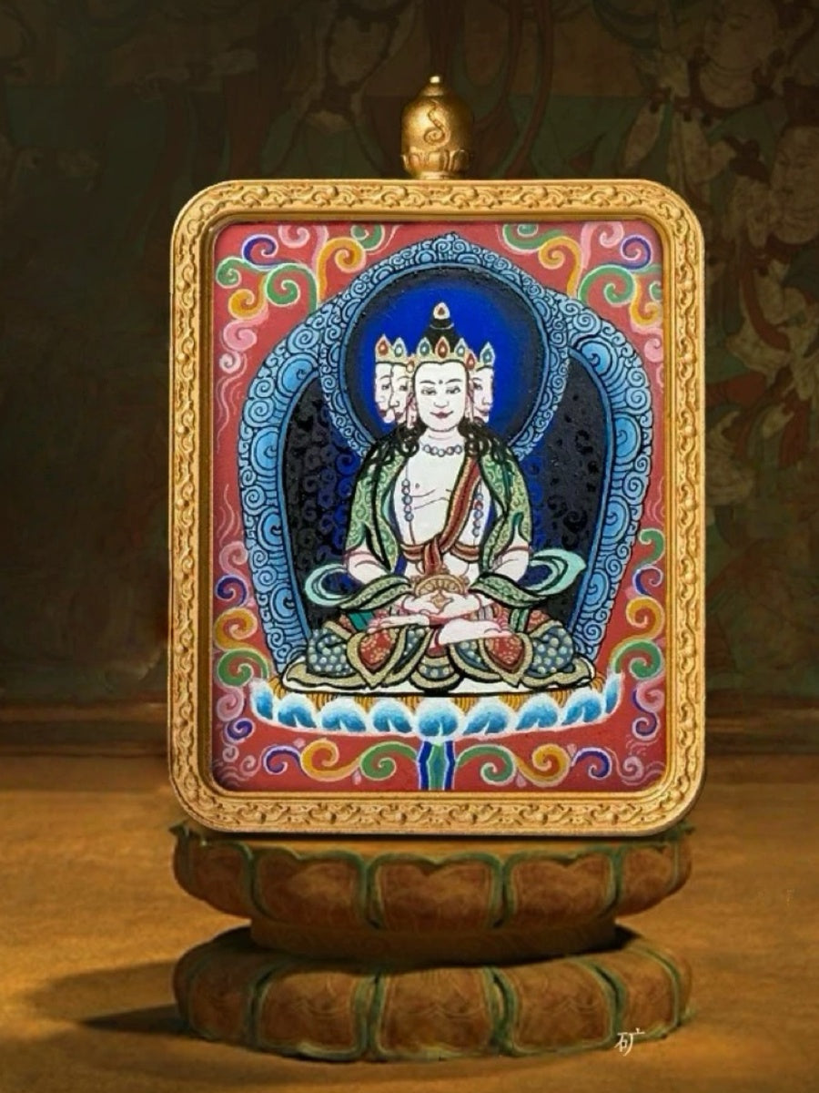 Vairocana Buddha Tibetan Hand-Painted Thangka Pendant - Zodiac Goat & Monkey Guardian Amulet