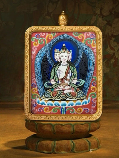 Vairocana Buddha Tibetan Hand-Painted Thangka Pendant - Zodiac Goat & Monkey Guardian Amulet