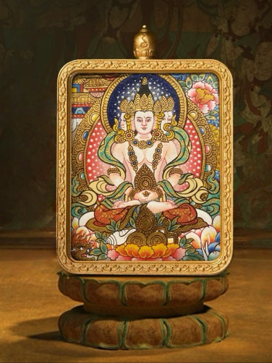 Vairocana Buddha Tibetan Hand-Painted Thangka Pendant - Zodiac Goat & Monkey Guardian Amulet