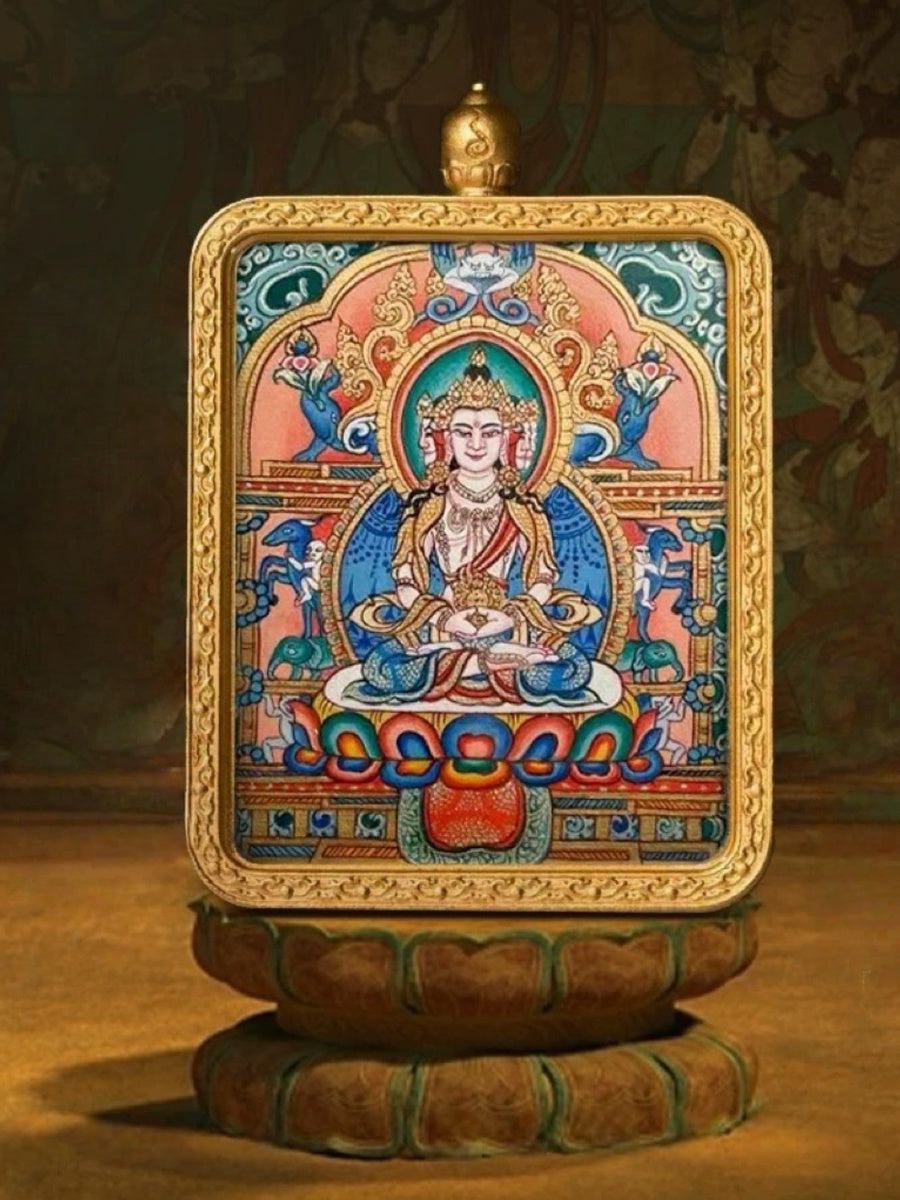 Vairocana Buddha Tibetan Hand-Painted Thangka Pendant - Zodiac Goat & Monkey Guardian Amulet